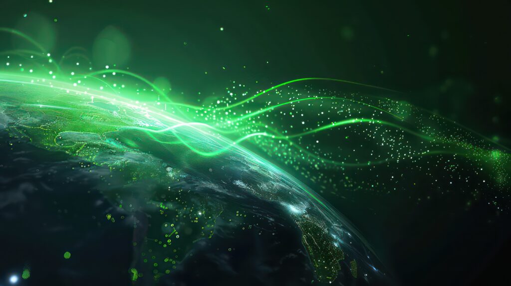 Green energetic light swooshes around the world