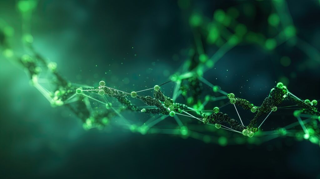 Molecular background with DNA. Network concept. Music sound wave. Big data visualization. Abstract connecting dots on the green backdrop.